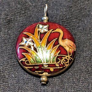 Lovely Vintage 1970s Red & Gold Cloisonné Round Enamel Sea Bird Pendant